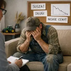 Rolnik w rozpaczy, zmagający się z suszą, długami i niskimi cenami, szuka wsparcia dla swojego zdrowia psychicznego.