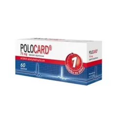 Opakowanie leku POLOCARD 75 mg, zawierające 60 tabletek dojelitowych z kwasem acetylosalicylowym. Zalecane 1 tabletka na dobę.