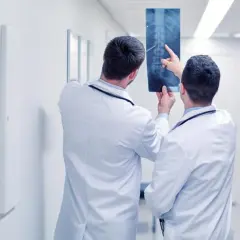 Dwóch lekarzy od kręgosłupa analizuje zdjęcie rentgenowskie kręgosłupa w szpitalnym korytarzu.