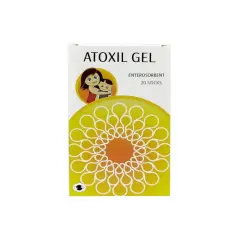 Opakowanie Atoxil Gel z wizerunkiem matki i dziecka, zawiera 20 saszetek.