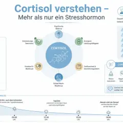Infografika o kortyzolu: jego funkcje, wpływ stresu i jak utrzymać go w równowadze. Badanie poziomu kortyzolu jest kluczowe.