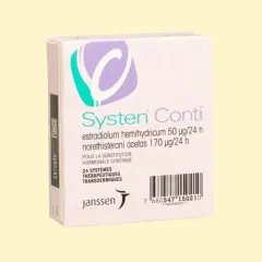 Opakowanie leku Systen Conti, zawierające 24 systemy transdermalne do ciągłej terapii hormonalnej.