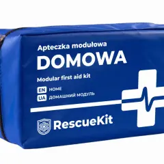 Niebieska torba RescueKit z napisem "DOMOWA" i symbolem krzyża. Idealna do przechowywania rzeczy potrzebnych do dekontaminacji i pierwszej pomocy.