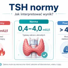 Wyniki TSH: poniżej normy (<0,4 mIU/I) sugerują nadczynność tarczycy, powyżej normy (>4,0 mIU/I) niedoczynność. Norma to 0,4-4,0 mIU/I.