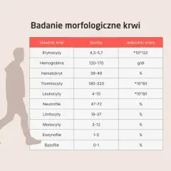 Tabela z badaniem morfologicznym krwi, pokazująca normę dla trombocytów (płytki krwi) 180-320 *10^9/l.