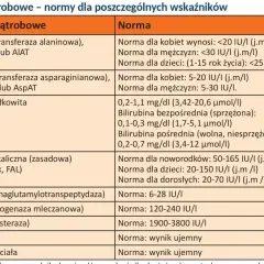 Tabela z normami dla prób wątrobowych: ALT, AST, bilirubina, fosfataza alkaliczna, GGTP, LDH, ChE, HBs, HCV.
