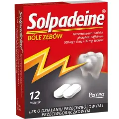 Opakowanie leku Solpadeine na bóle zębów, zawierające 12 tabletek. Składniki aktywne to paracetamol, kodeina i kofeina, podobnie jak w niektórych lekach z grupy vicodin.