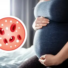 Ciąża i obraz mikroskopowy z widocznymi czerwonymi krwinkami i białymi kropkami, sugerującymi leukocyty podwyższone.