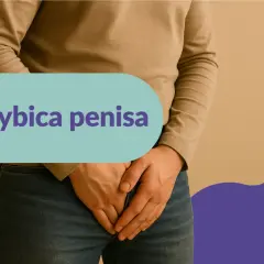 Mężczyzna zakrywa dłonią okolice intymne, na ekranie widnieje napis "Grzybica penisa".