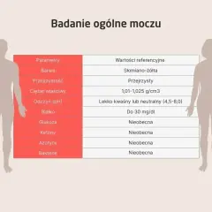 Tabela z parametrami badania moczu: kolor, przejrzystość, ciężar właściwy, pH, białko, glukoza, ketony, azotyny, bakterie.