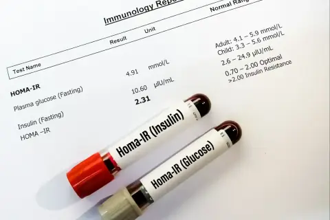 Wyniki badań HOMA-IR, w tym poziomy glukozy i insuliny, obok probówek z próbkami.