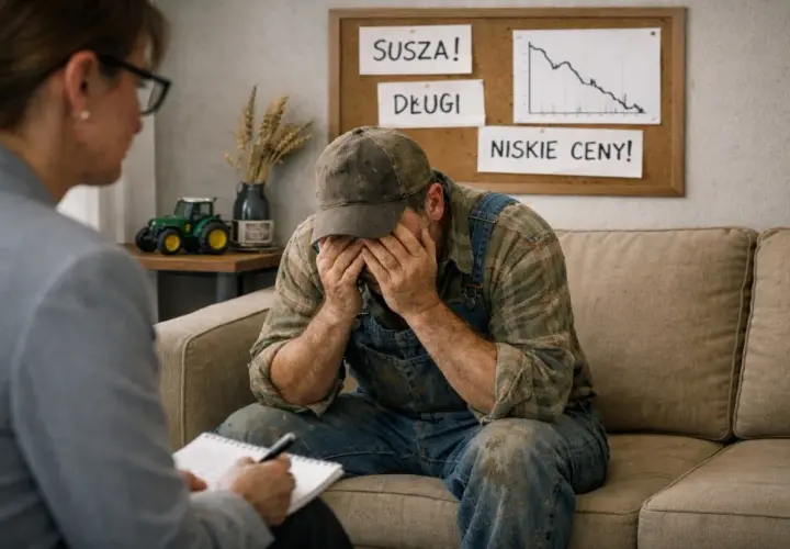 Rolnik w rozpaczy, zmagający się z suszą, długami i niskimi cenami, szuka wsparcia dla swojego zdrowia psychicznego.