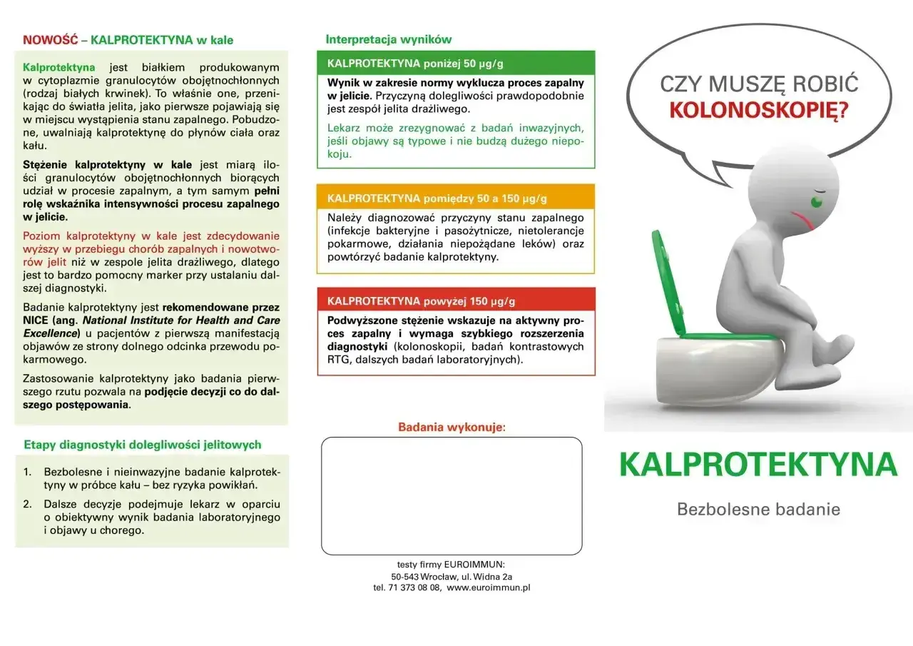 Badanie kalprotektyny w kale: marker stanu zapalnego jelit. Wyniki poniżej 50 µg/g sugerują zespół jelita drażliwego.