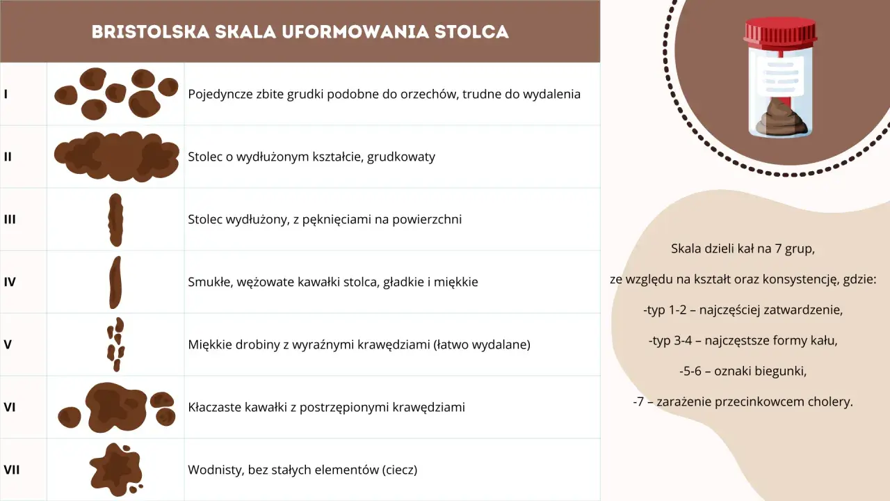 Bristolską skalą uformowania stolca opisano 7 typów, od twardych grudek (zatwardzenie) po wodnisty (biegunka).