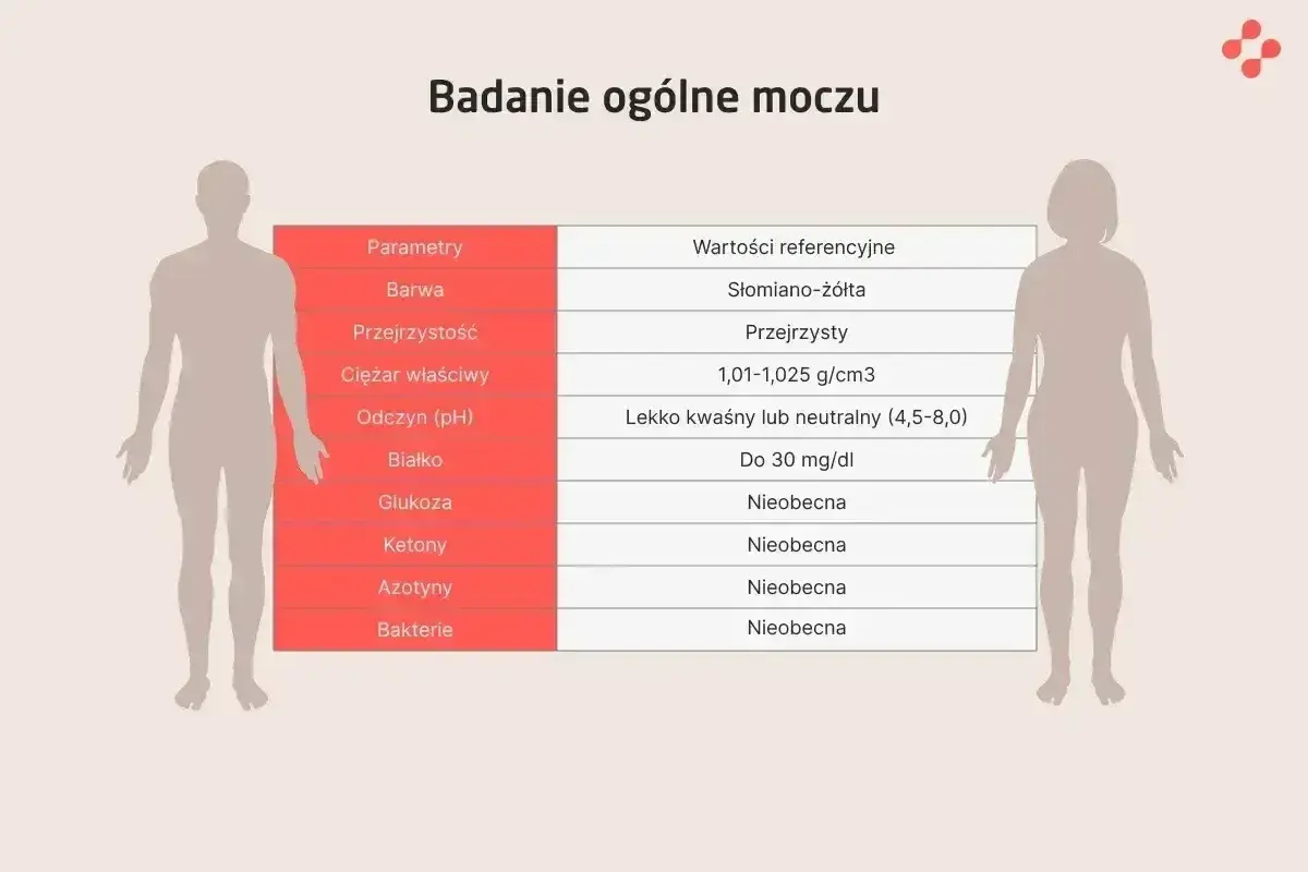 Tabela z parametrami badania moczu: kolor, przejrzystość, ciężar właściwy, pH, białko, glukoza, ketony, azotyny, bakterie.