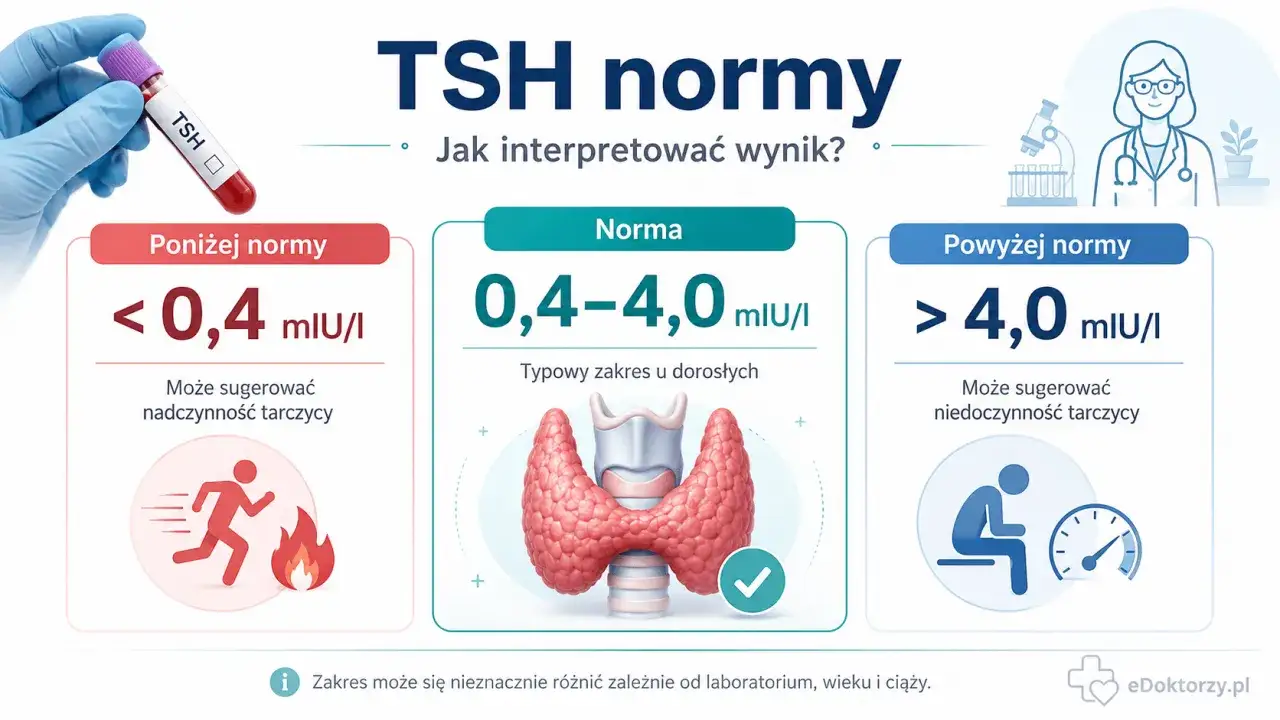 Wyniki TSH: poniżej normy (<0,4 mIU/I) sugerują nadczynność tarczycy, norma (0,4-4,0 mIU/I), powyżej normy (>4,0 mIU/I) niedoczynność.
