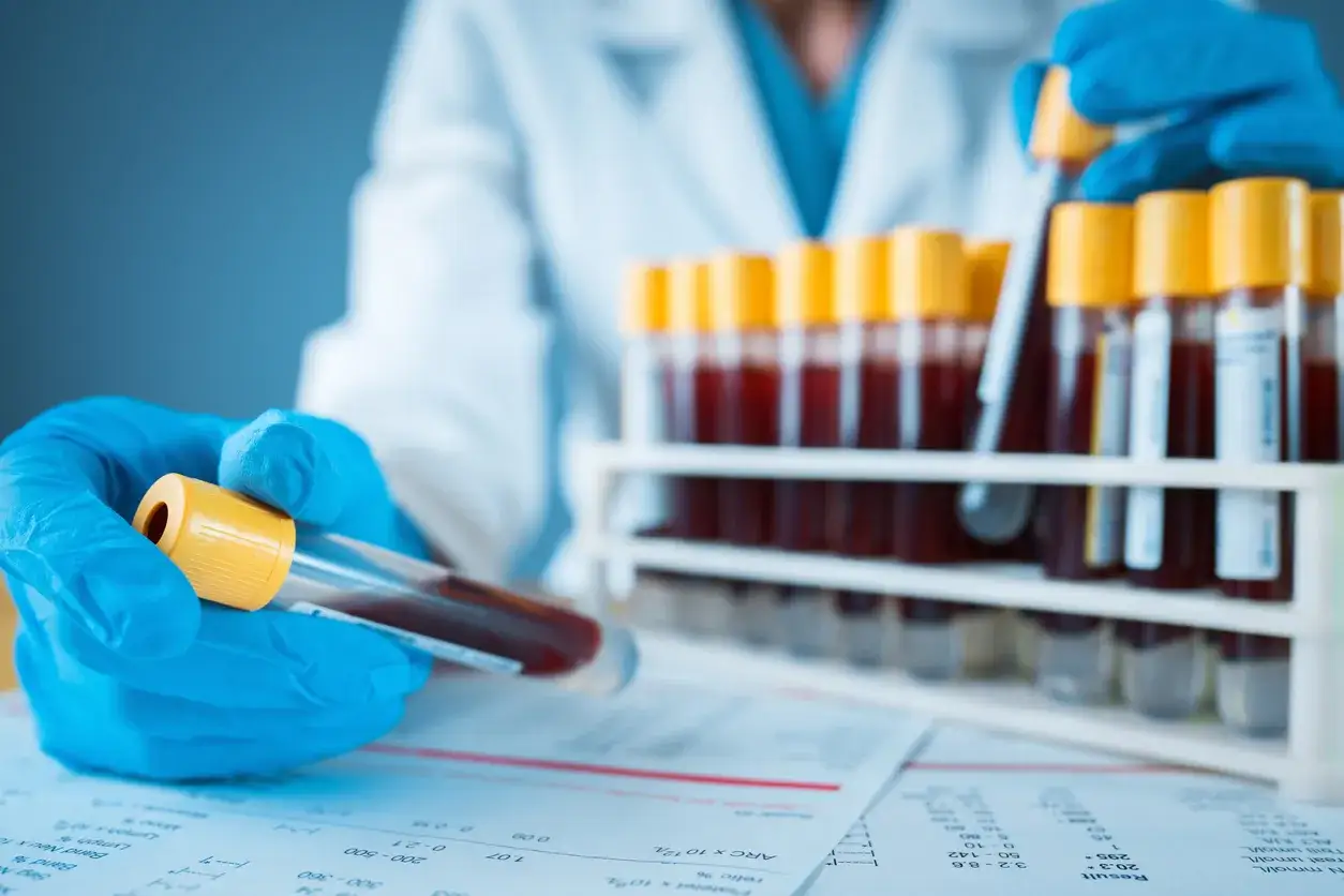 Laborant w niebieskich rękawiczkach trzyma probówkę z krwią, obok stoją kolejne, sugerując analizę mchc podwyższone.
